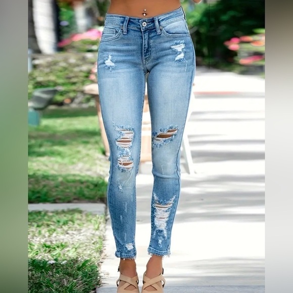 SHEIN Denim - 💕 Distressed Y2k Streetwear Skinny Jeans, Frayed Hem, High Waist, Stretchy NWOT